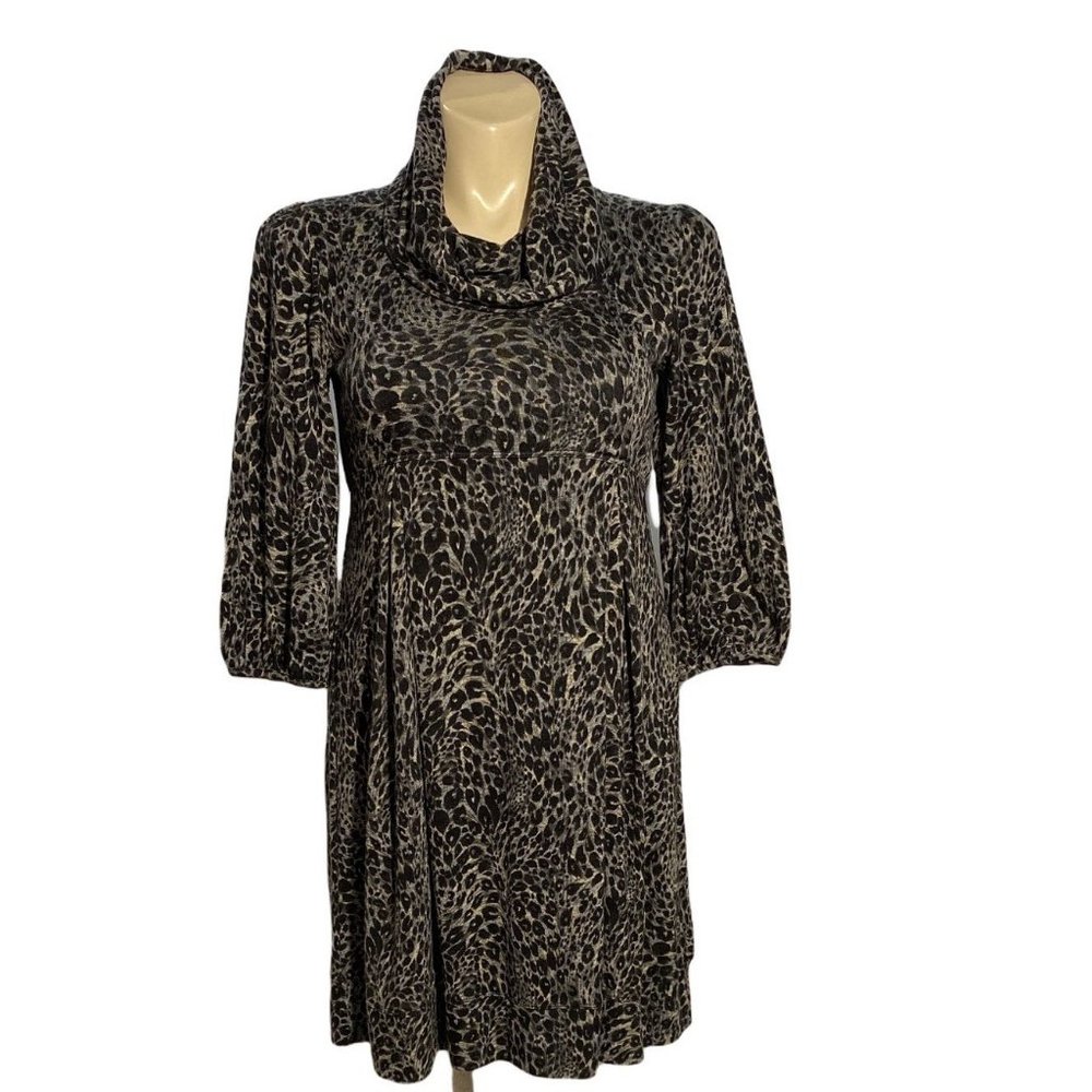New Directions L Dress‎ Black Gray Animal Print Empire Waist Cowl Neck 3/4 Sl